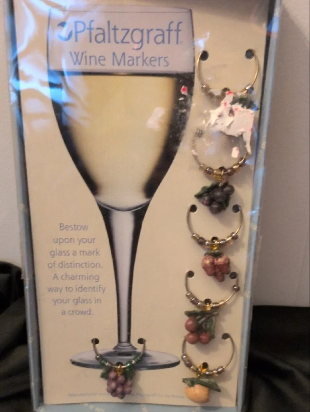 Pfaltzgraff Vintage  Gold-Tone Wine Glass Markers with Fruit Charms